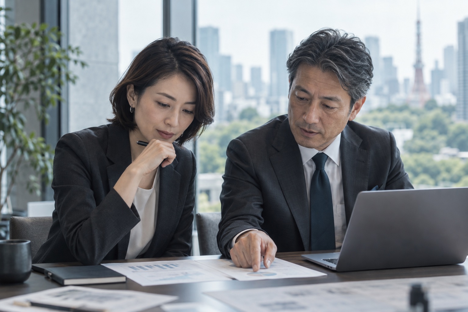 報告資料を読み合わせる、架空の投資管理担当者